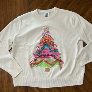 Queen of Sparkles Christmas Tree Beaded White Sweater Size XS